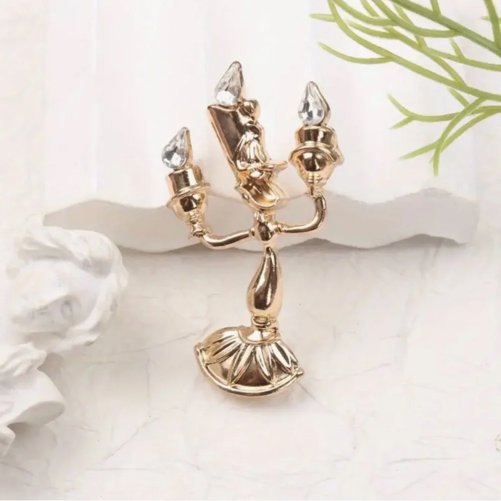 Whimsical Vintage-Style Gold-Tone & Zirconia Candlestick Brooch Pin NWOT